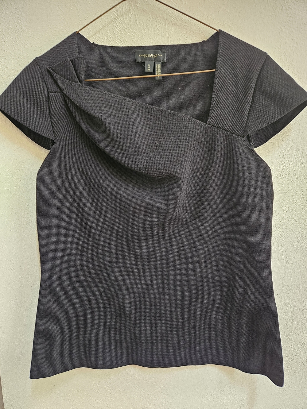 Donna Karan Black Asymmetric Cap-Sleeve Blouse